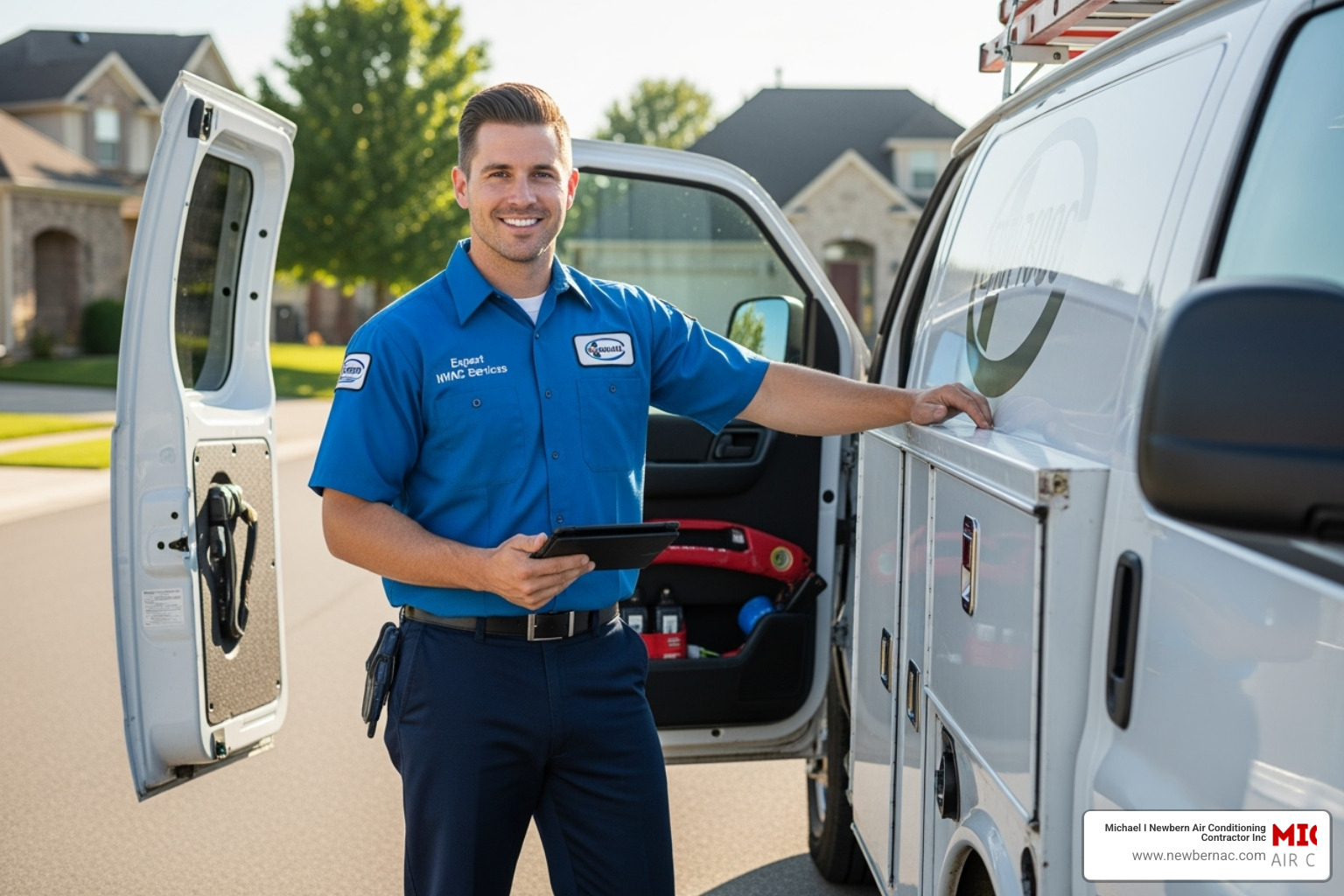 Professional, uniformed HVAC technician with a service van - Heating repair Auburndale FL