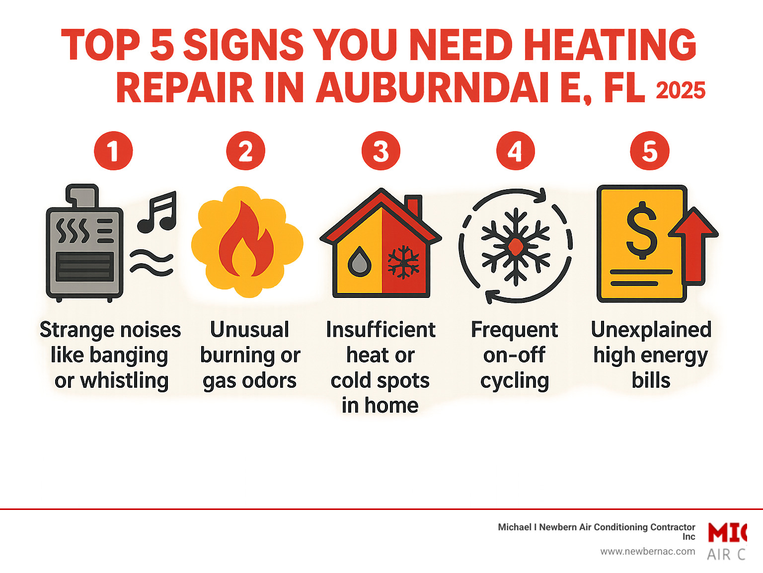 Infographic showing the top 5 signs you need heating repair in Auburndale FL: strange noises like banging or whistling, unusual burning or gas odors, insufficient heat or cold spots in home, frequent on-off cycling, and unexplained high energy bills - Heating repair Auburndale FL infographic 