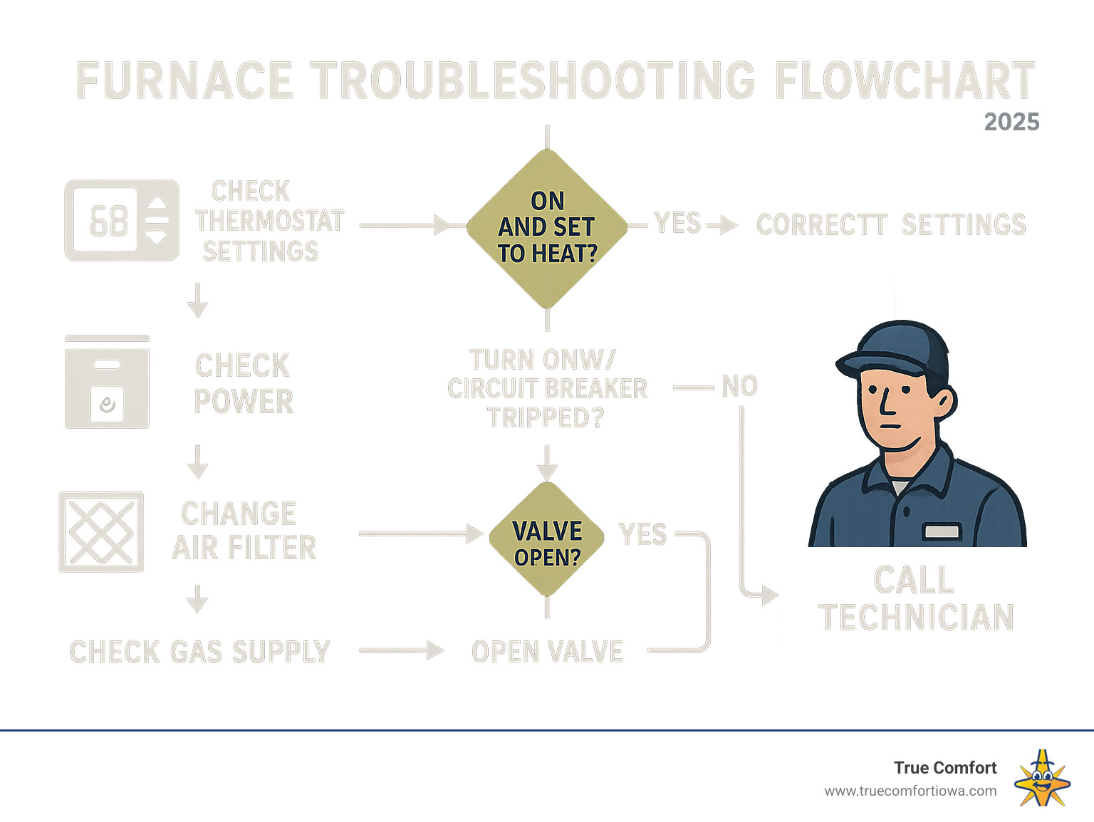 Furnace troubleshooting flowchart showing step-by-step diagnostic process from checking thermostat settings to verifying gas supply, with decision points for when to call a professional technician - Furnace won't turn on infographic 