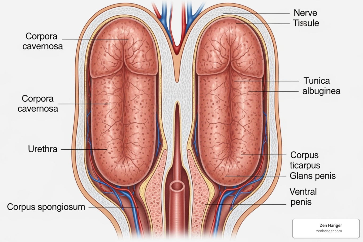 A detailed diagram showing the anatomy of the penis, highlighting the corpora cavernosa and tunica albuginea - Grow penis naturally