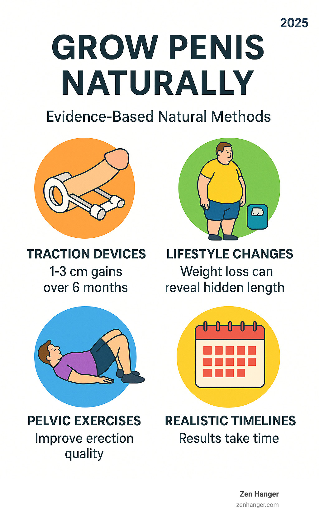 Infographic showing evidence-based natural penis improvement methods including traction devices with 1-3cm potential gains over 6 months, lifestyle changes like weight loss revealing hidden length, pelvic exercises for improved erection quality, and realistic timelines for seeing results - Grow penis naturally infographic 
