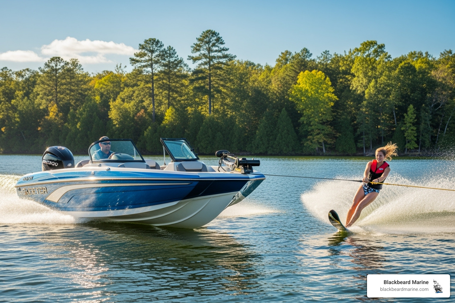 of a Skeeter fish & ski boat pulling a water skier - tige boat for sale