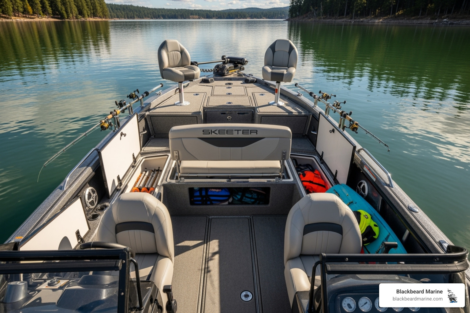of a Skeeter boat interior showing versatile seating. - tige boat for sale
