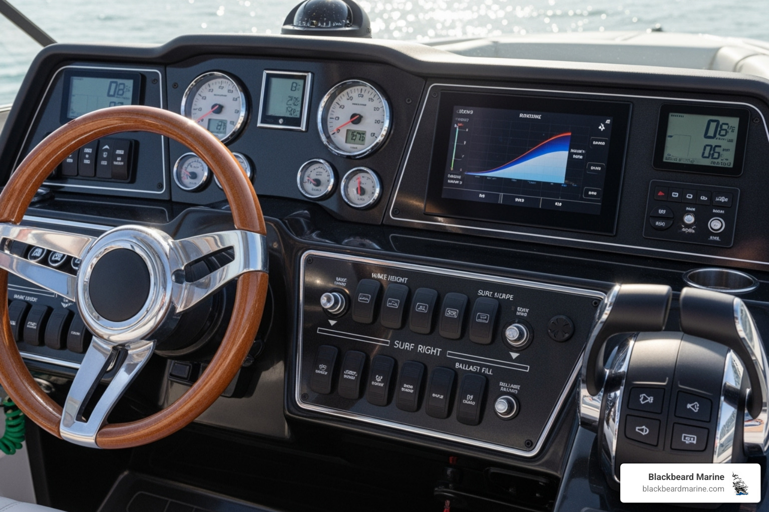 of a boat's wake shaping system controls on a dashboard. - tige boat for sale