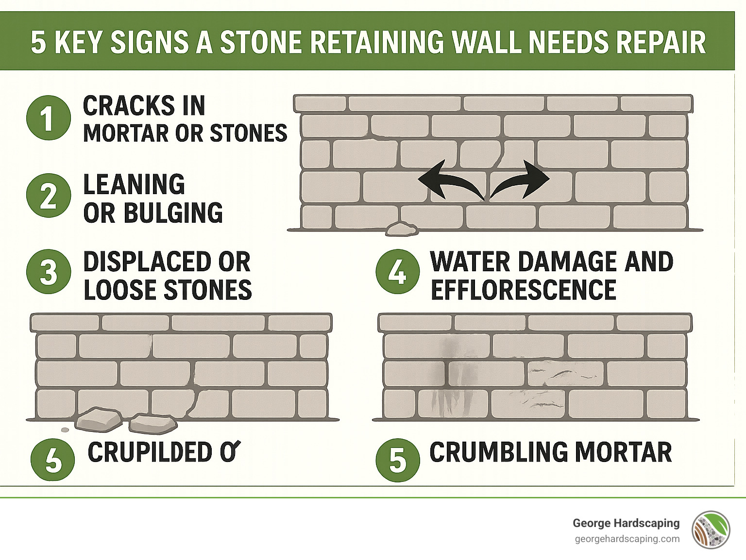 Infographic showing the 5 key signs a stone retaining wall needs repair: 1. Cracks in mortar or stones showing as zigzag lines through the wall surface, 2. Leaning or bulging wall sections depicted with arrows showing outward movement, 3. Displaced or loose stones illustrated with gaps and fallen stones at the base, 4. Water damage and efflorescence shown as white chalky deposits and water stains, 5. Crumbling mortar represented by deteriorating joint material between stones - how to repair a stone retaining wall infographic 