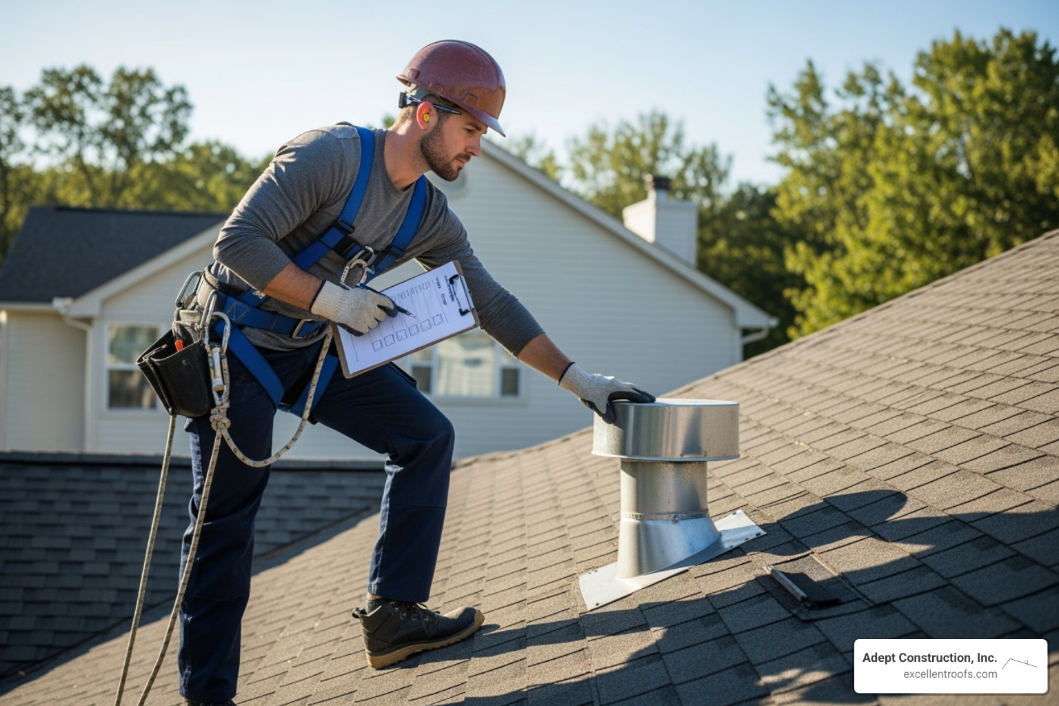 Roofer performing a roof inspection with a checklist - Naperville IL roofers