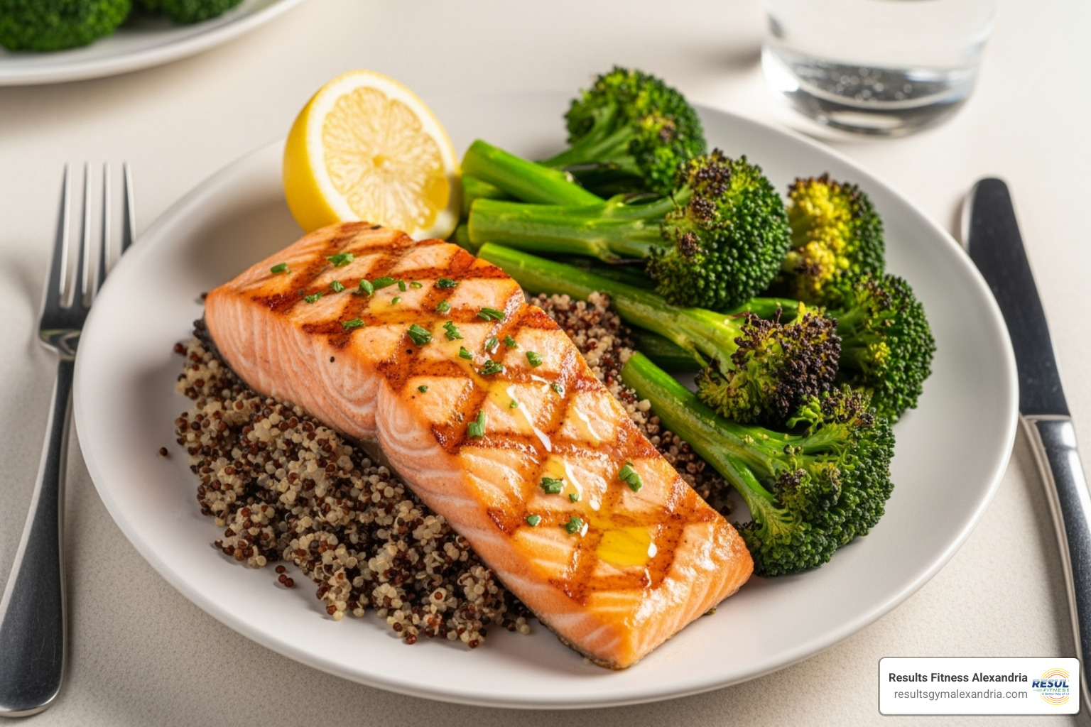 A well-balanced meal featuring grilled salmon, quinoa, and roasted broccoli on a white plate - fat loss gym workout for females A well-balanced meal featuring grilled salmon, quinoa, and roasted broccoli on a white plate - fat loss gym workout for females