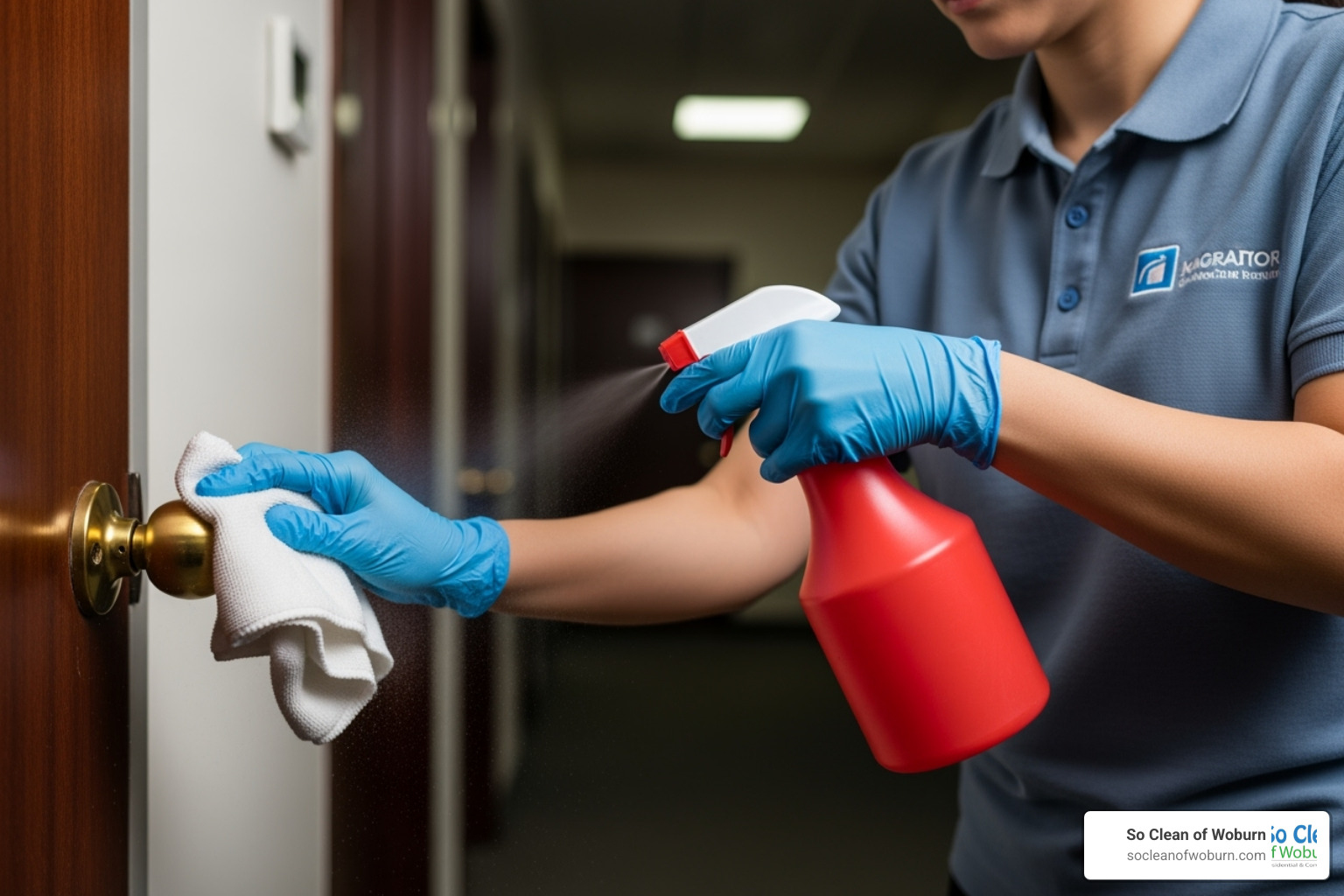 professional cleaner disinfecting doorknob - cleaning for office