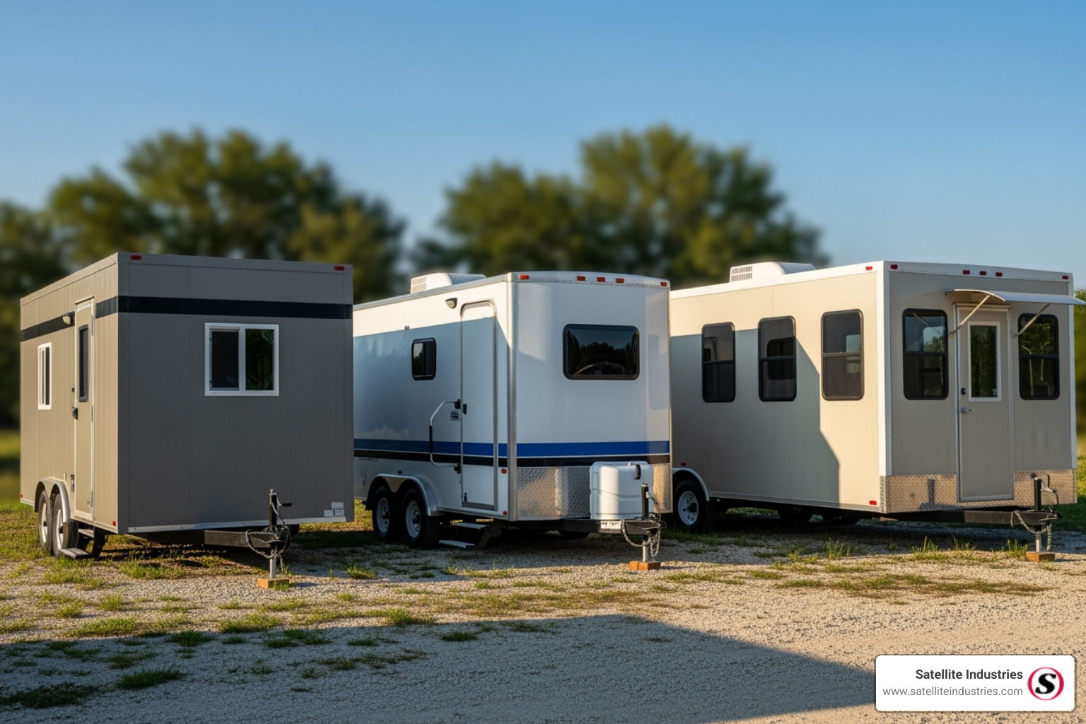 image showing a variety of units: a sleeper cabin, a shower trailer, and a mobile office - Portable accommodation units