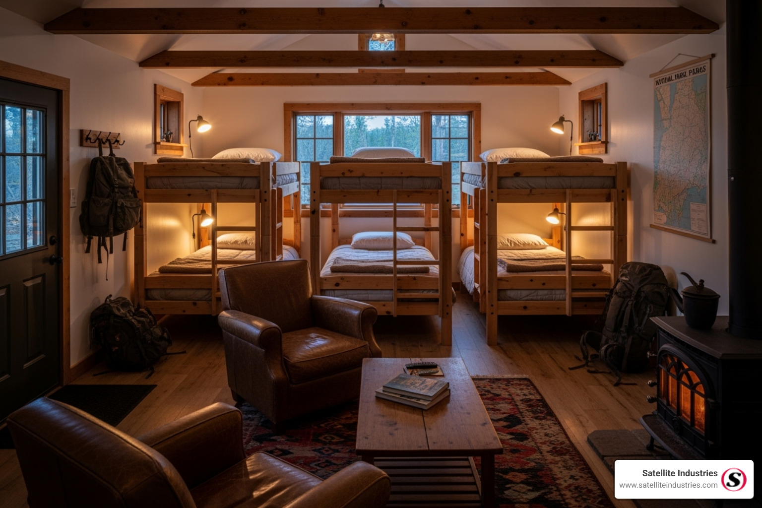 interior of a well-equipped bunkhouse, showing beds and a small common area - Portable accommodation units