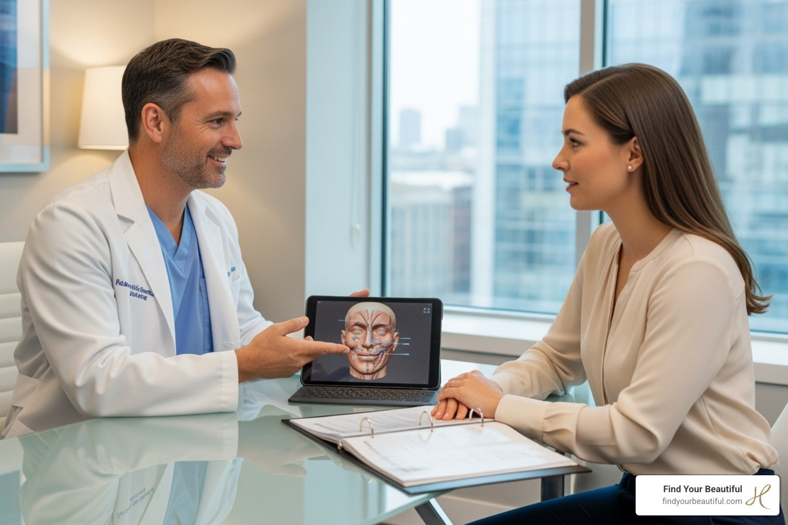 A plastic surgeon and patient engaged in a friendly, informative consultation - best tummy tuck surgeon near me A plastic surgeon and patient engaged in a friendly, informative consultation - best tummy tuck surgeon near me