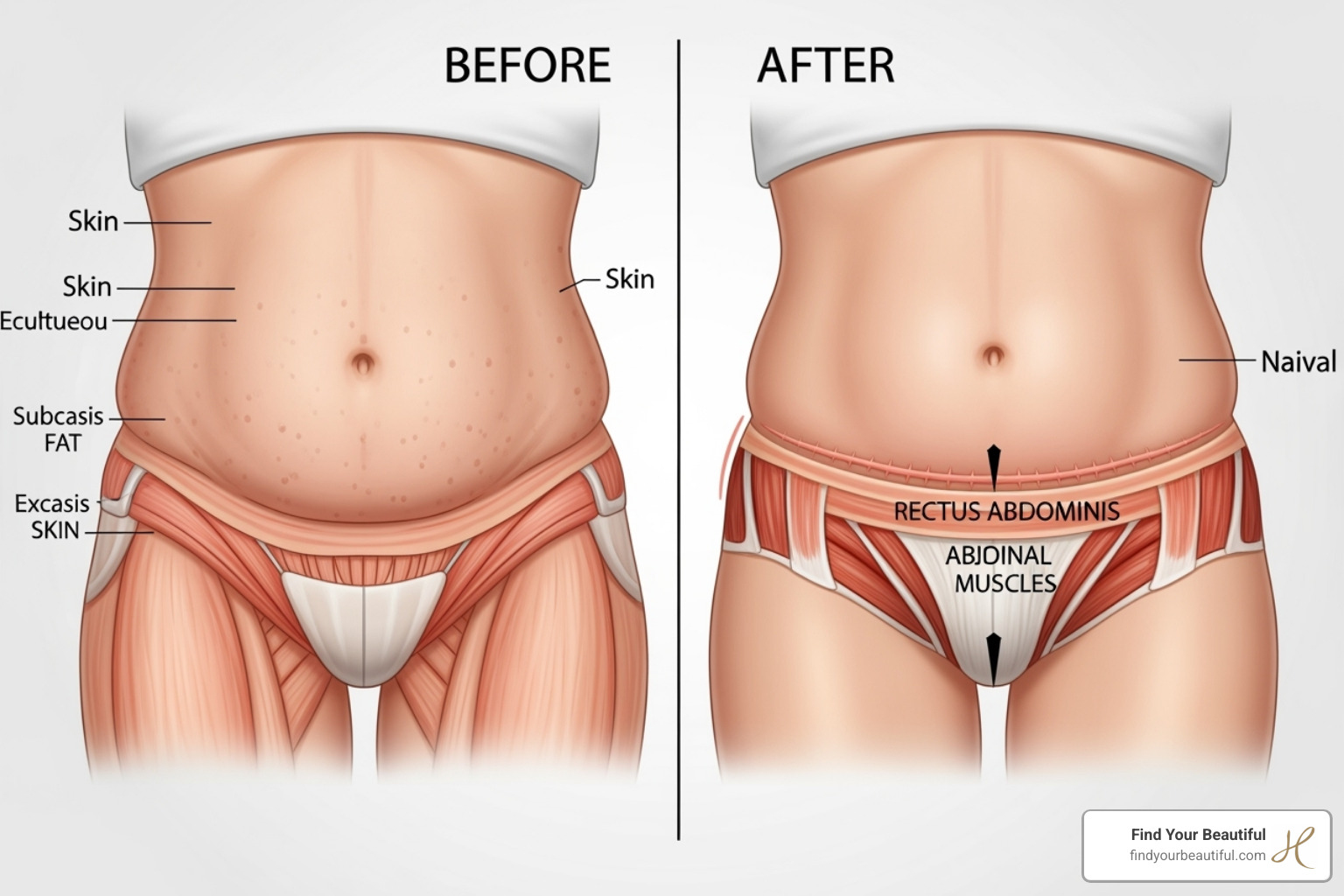 Illustration of the abdominal area showing skin, fat, and muscle improvement after a tummy tuck - best tummy tuck surgeon near me Illustration of the abdominal area showing skin, fat, and muscle improvement after a tummy tuck - best tummy tuck surgeon near me