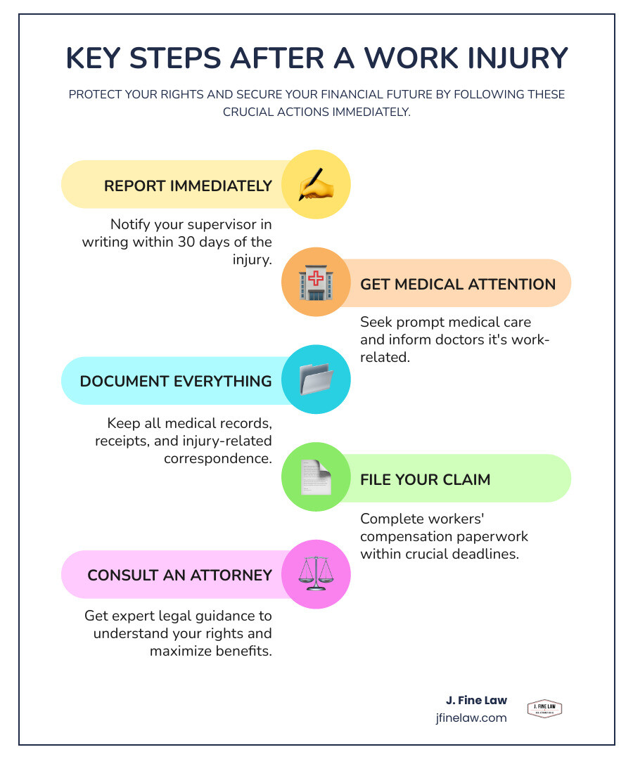 Infographic showing the immediate steps after a work injury: Step 1 - Report injury to employer immediately in writing, Step 2 - Seek medical attention from a doctor who accepts workers compensation cases, Step 3 - Document all medical treatments and keep receipts, Step 4 - File workers compensation claim within required timeframe, Step 5 - Consult with experienced work injury attorney to protect your rights - work injury consultation infographic infographic-line-5-steps-colors
