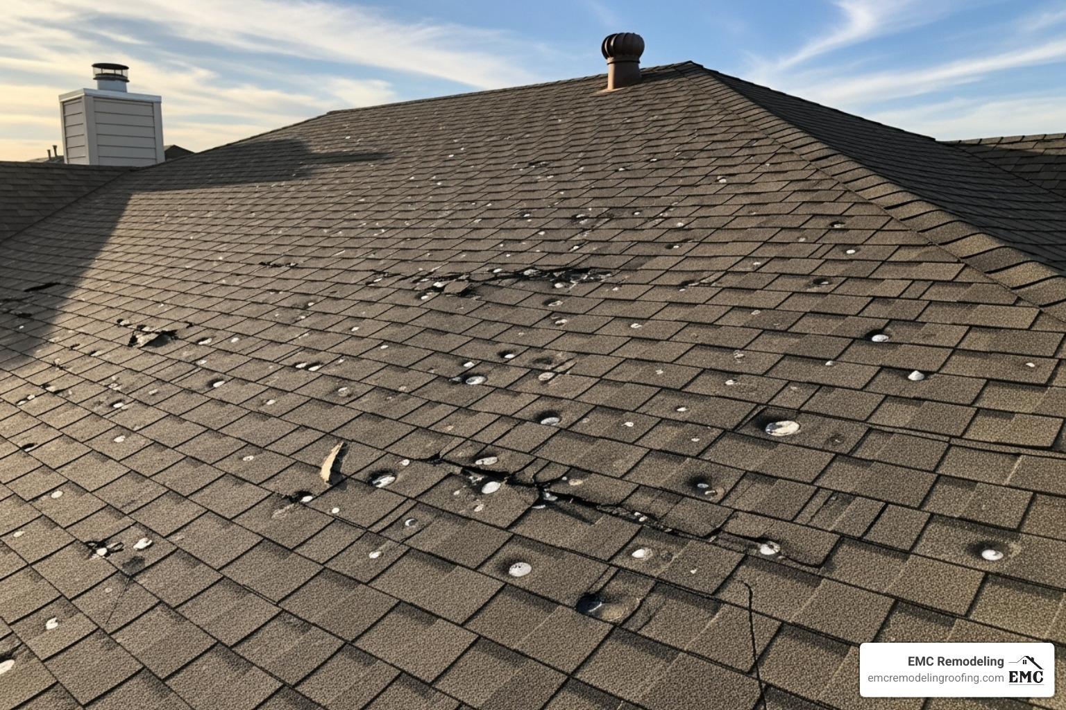 roof with visible hail damage marks - roofing contractor