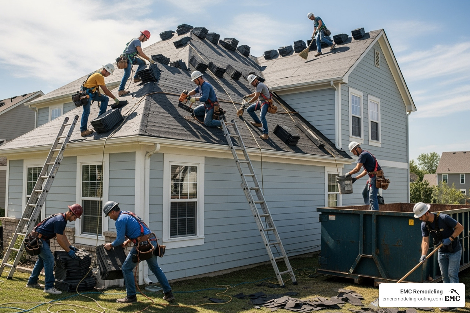team of roofers working together on a new roof installation - roofing contractor