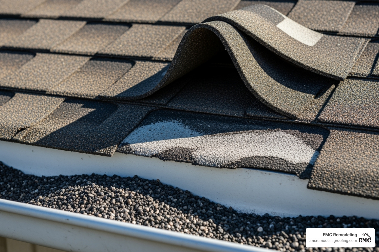 curling and buckling asphalt shingles with visible granule loss - roofing contractor