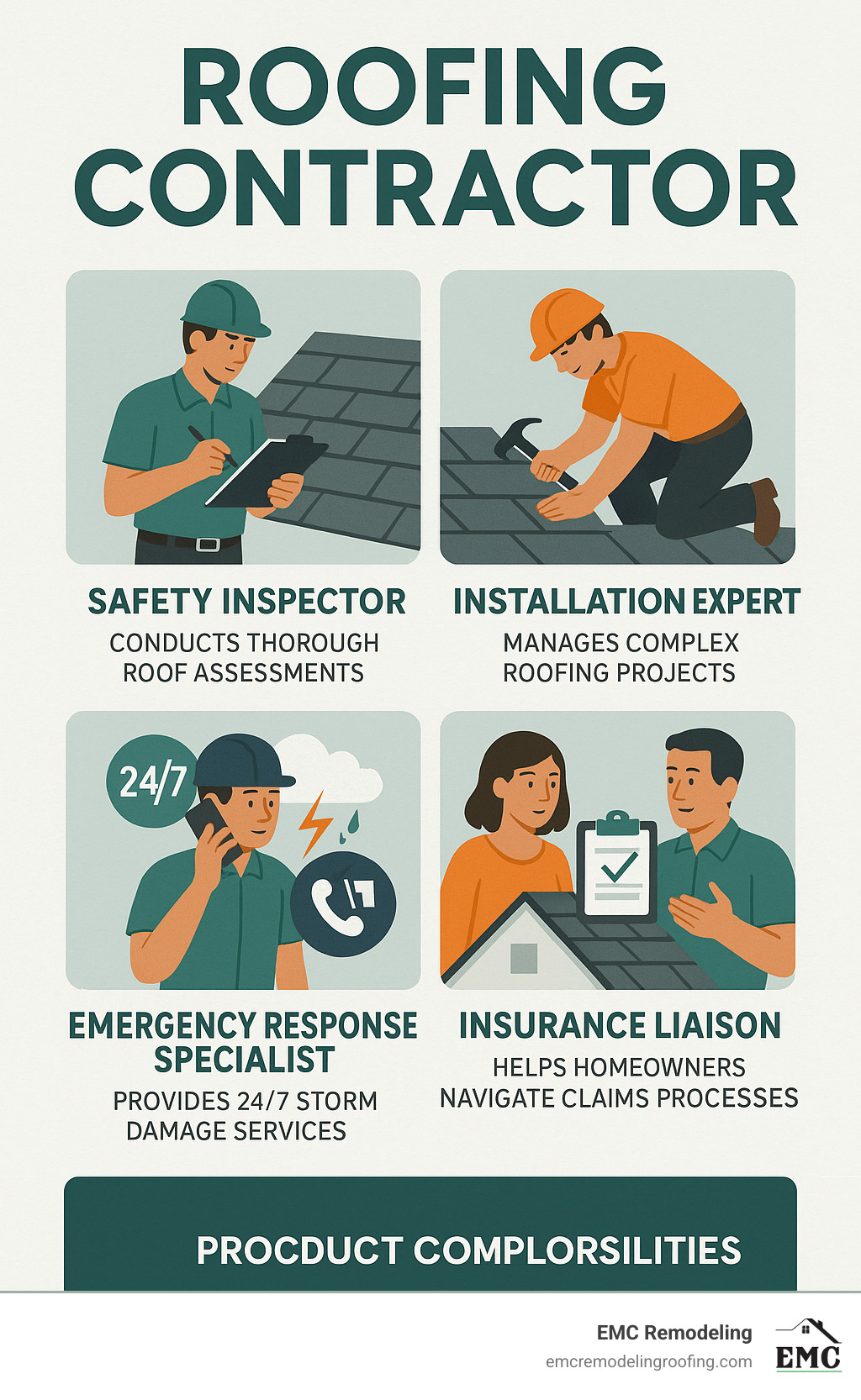 Detailed infographic showing the four primary roles of a roofing contractor: Safety Inspector conducting thorough roof assessments, Installation Expert managing complex roofing projects, Emergency Response Specialist providing 24/7 storm damage services, and Insurance Liaison helping homeowners steer claims processes - roofing contractor infographic 