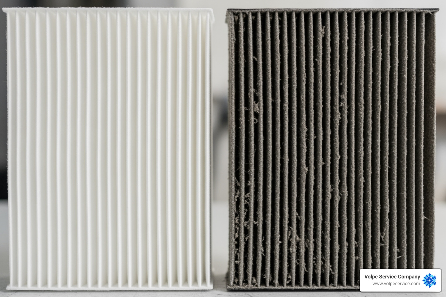 Image of a clean air filter next to a dirty one - heat pump compressor repair