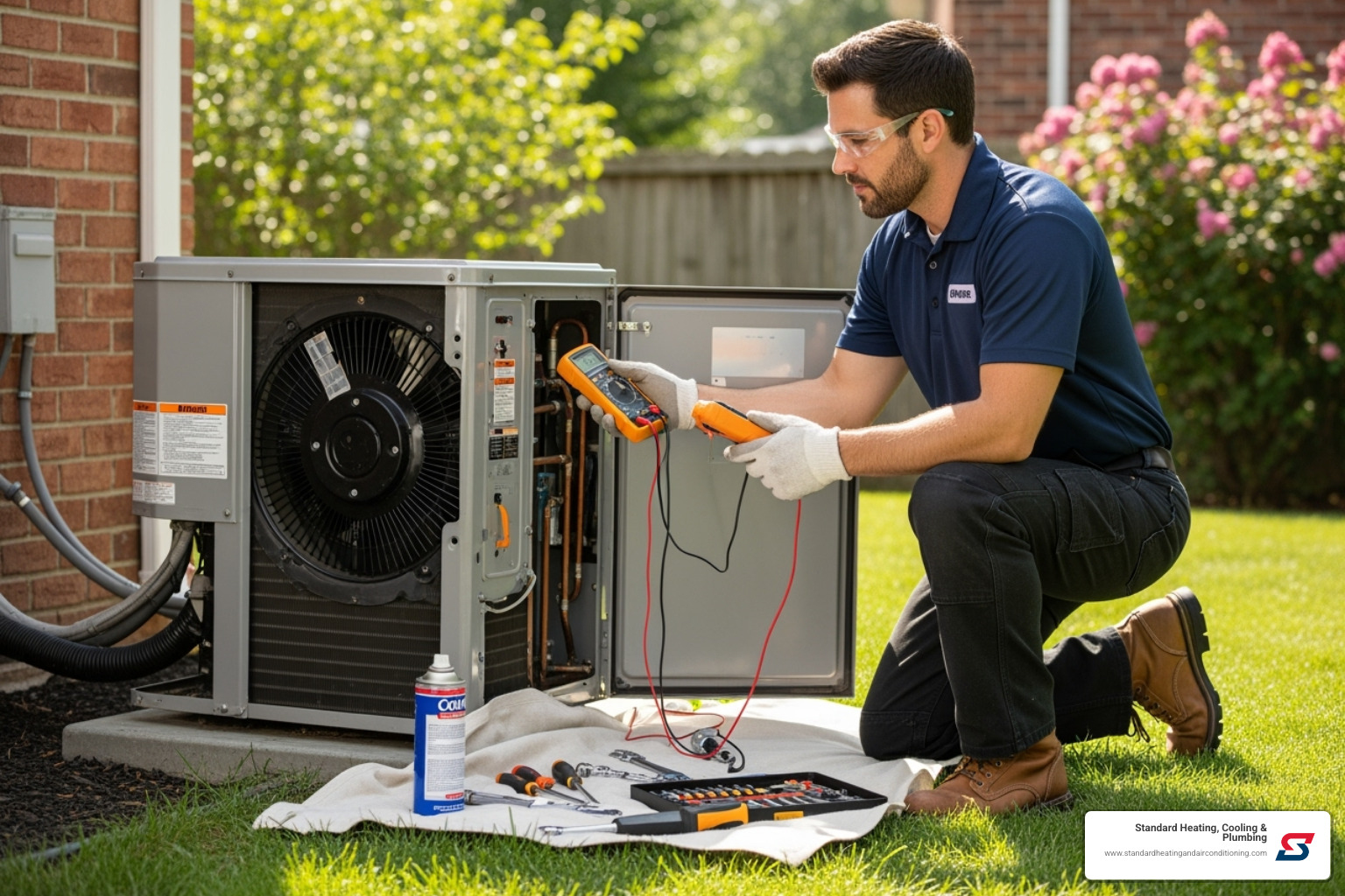 technician servicing outdoor AC unit - alabama heating and cooling