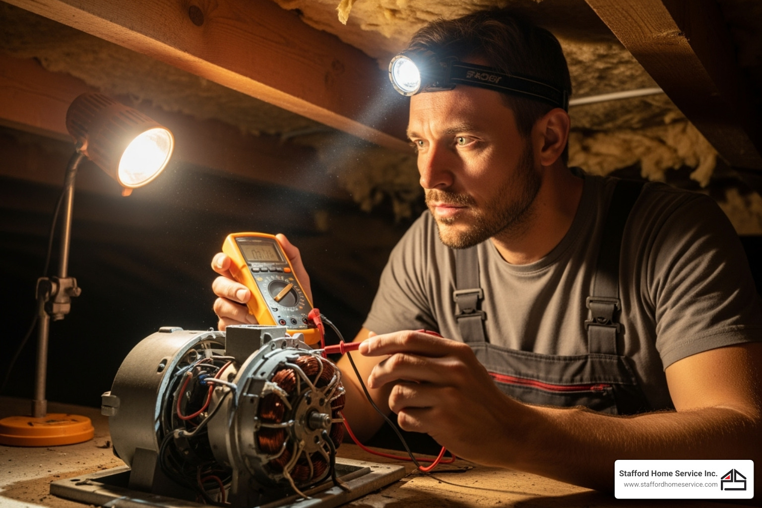 a professional electrician inspecting an attic fan motor - attic fan repair