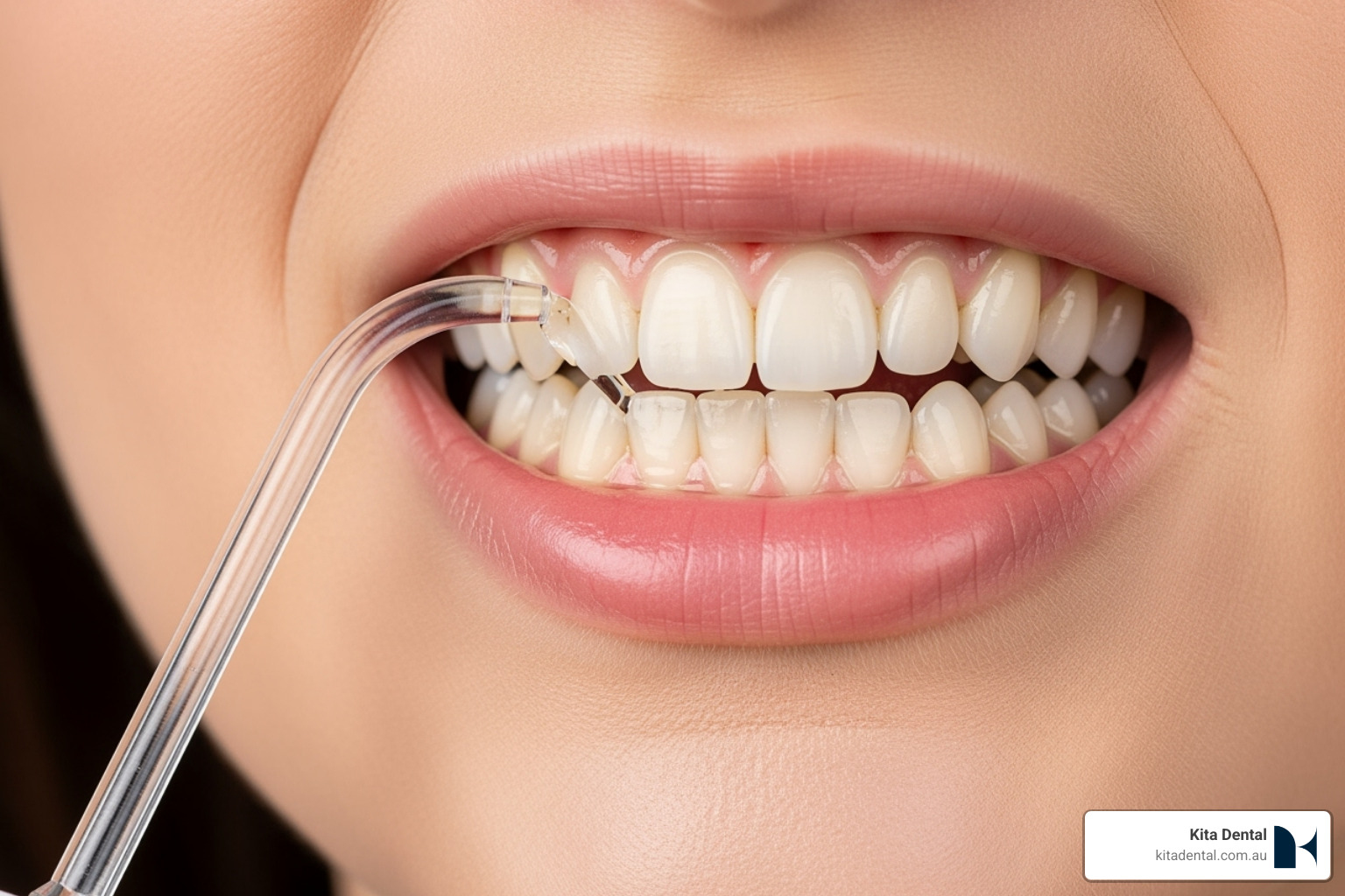 Image demonstrating how to use a water flosser on a full arch bridge for effective cleaning - full arch implant surgery Image demonstrating how to use a water flosser on a full arch bridge for effective cleaning - full arch implant surgery