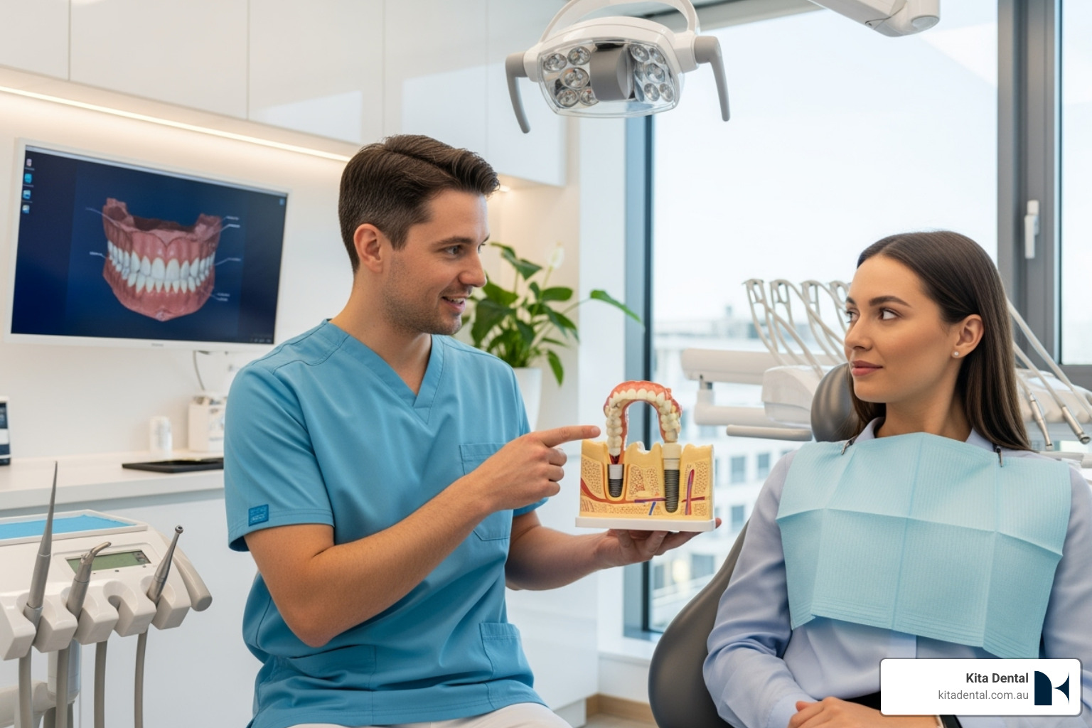 Image of a dental professional in Sydney explaining a treatment plan to a patient with a model of a full arch implant - full arch implant surgery Image of a dental professional in Sydney explaining a treatment plan to a patient with a model of a full arch implant - full arch implant surgery
