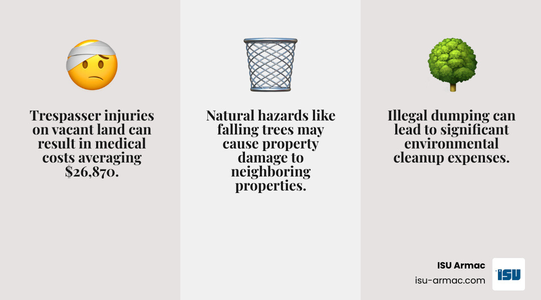 Infographic showing the top 3 overlooked risks of owning vacant land: trespasser injuries with medical costs averaging $26,870, illegal dumping leading to environmental cleanup costs, and natural hazards like falling trees causing property damage to neighboring properties - does vacant land need to be insured infographic 3_facts_emoji_grey Infographic showing the top 3 overlooked risks of owning vacant land: trespasser injuries with medical costs averaging $26,870, illegal dumping leading to environmental cleanup costs, and natural hazards like falling trees causing property damage to neighboring properties - does vacant land need to be insured infographic 3_facts_emoji_grey