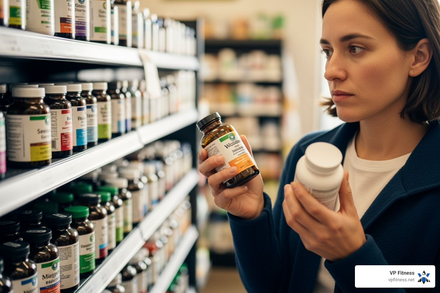 A person considering different supplement bottles - Supplement for muscle A person considering different supplement bottles - Supplement for muscle