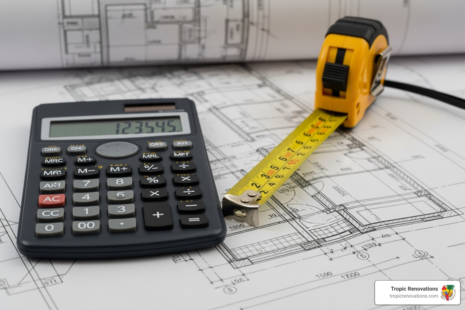 of a calculator and a tape measure on a blueprint - Return on investment? of a calculator and a tape measure on a blueprint - Return on investment?