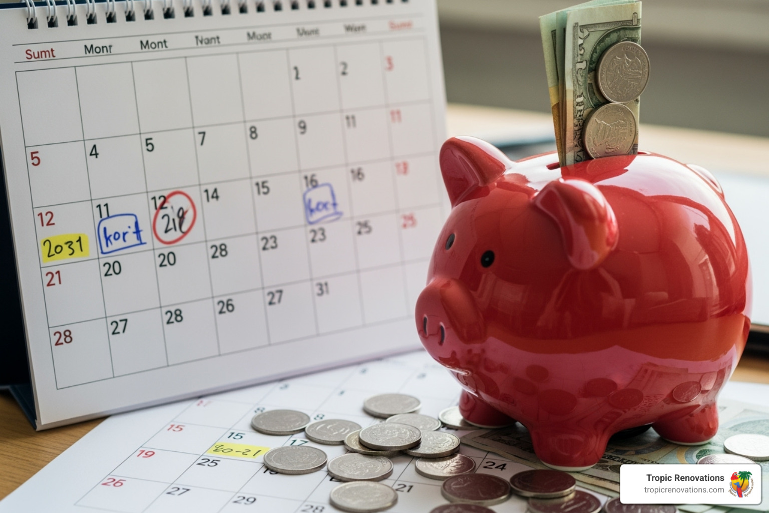 of a calendar next to a piggy bank to represent time and money - Return on investment? of a calendar next to a piggy bank to represent time and money - Return on investment?