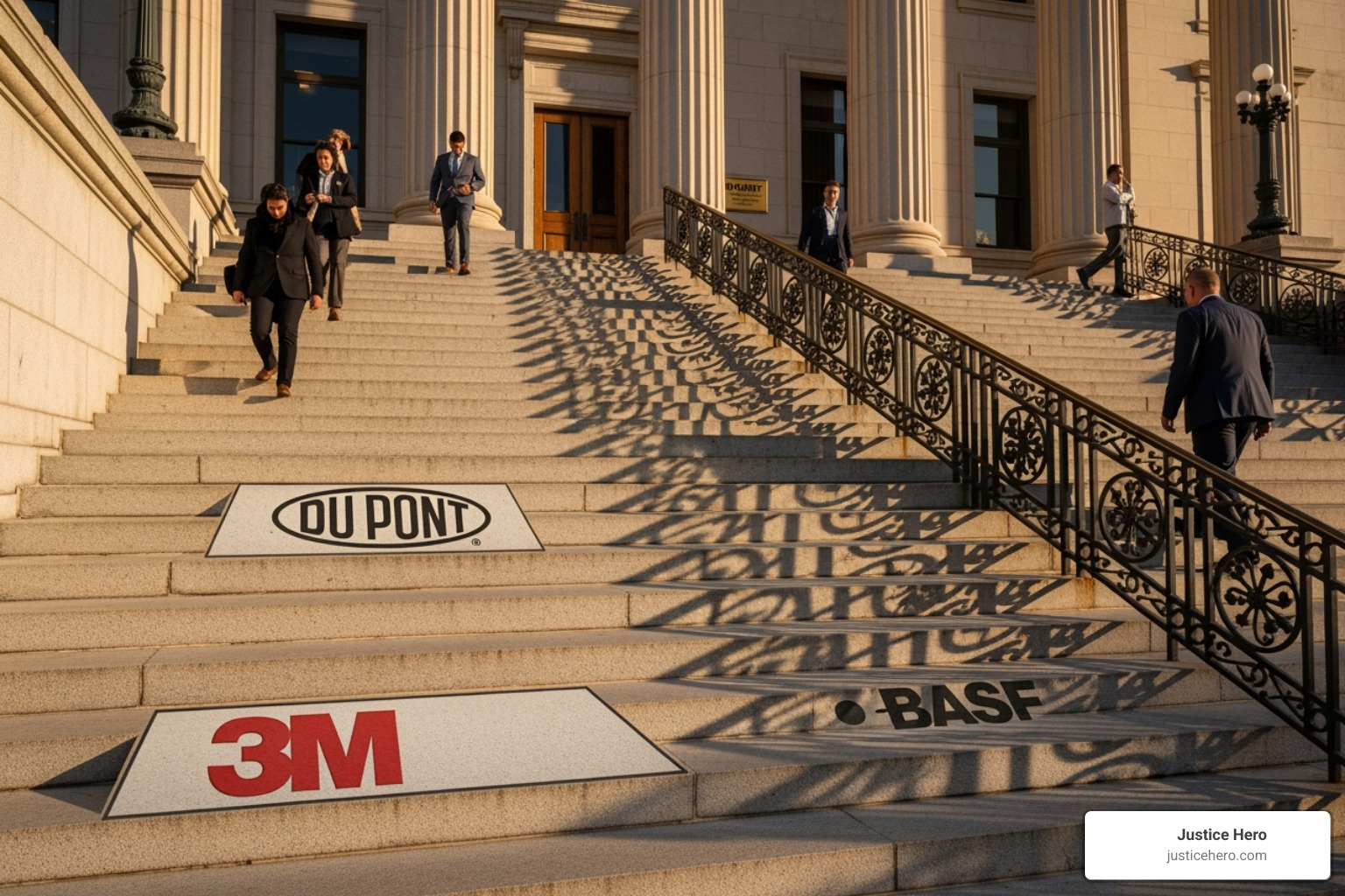 courthouse steps with logos of 3M, DuPont, and BASF overlaid - pfas lawsuit update today