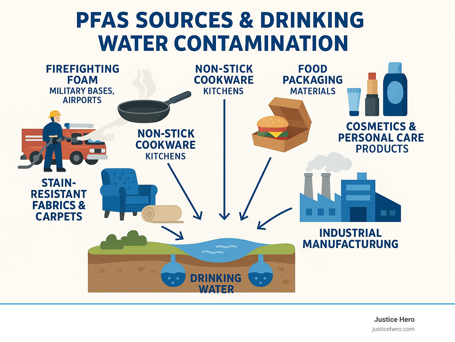 Comprehensive breakdown of PFAS sources including firefighting foam used at military bases and airports, non-stick cookware in kitchens, food packaging materials, cosmetics and personal care products, stain-resistant fabrics and carpets, and industrial manufacturing facilities, with arrows showing contamination pathways to drinking water supplies - pfas lawsuit update today infographic 
