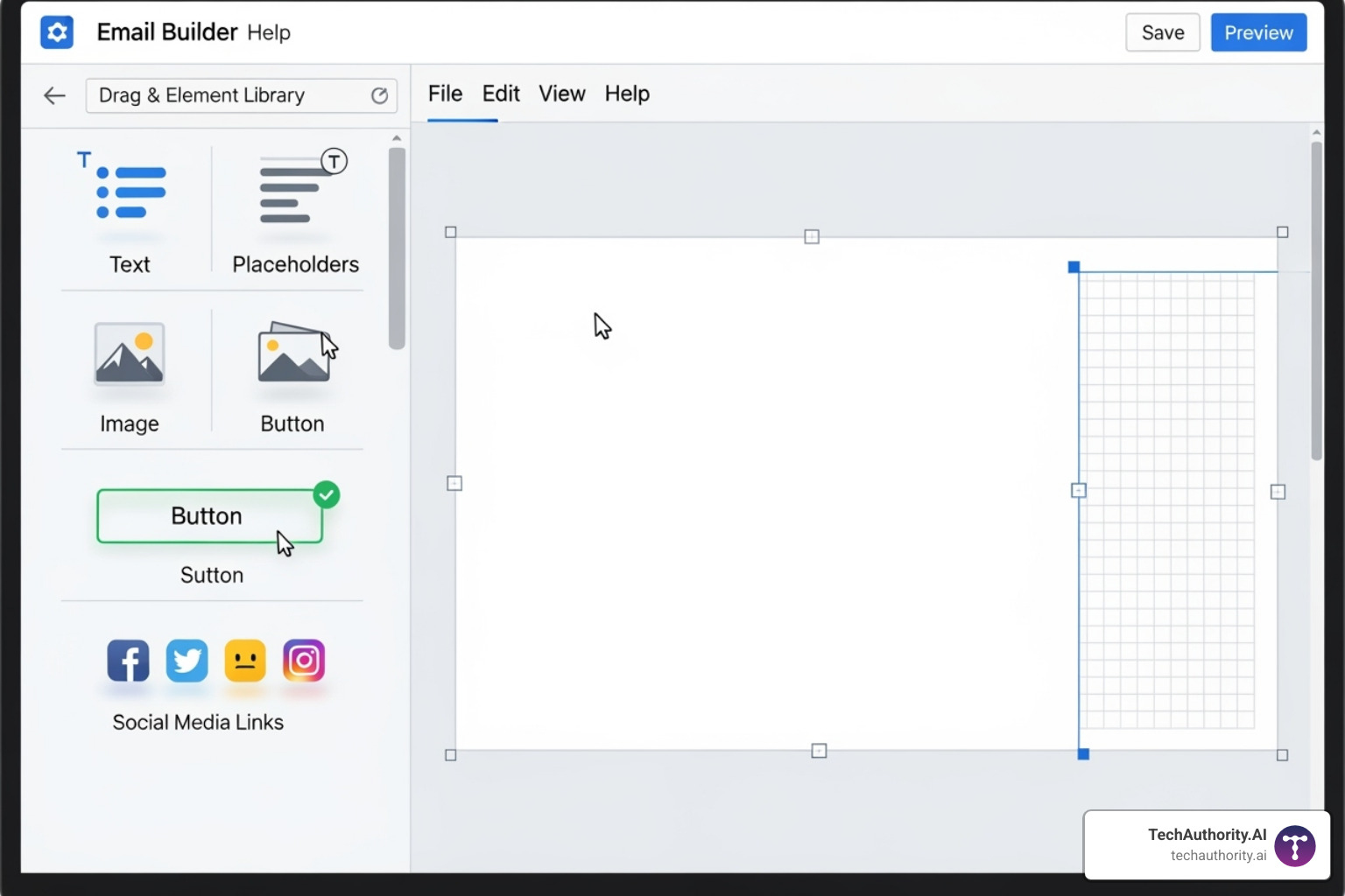 Screenshot of the drag-and-drop elements panel in GoHighLevel email builder, showing various element types like text, image, button, social, etc. - go high level email builder