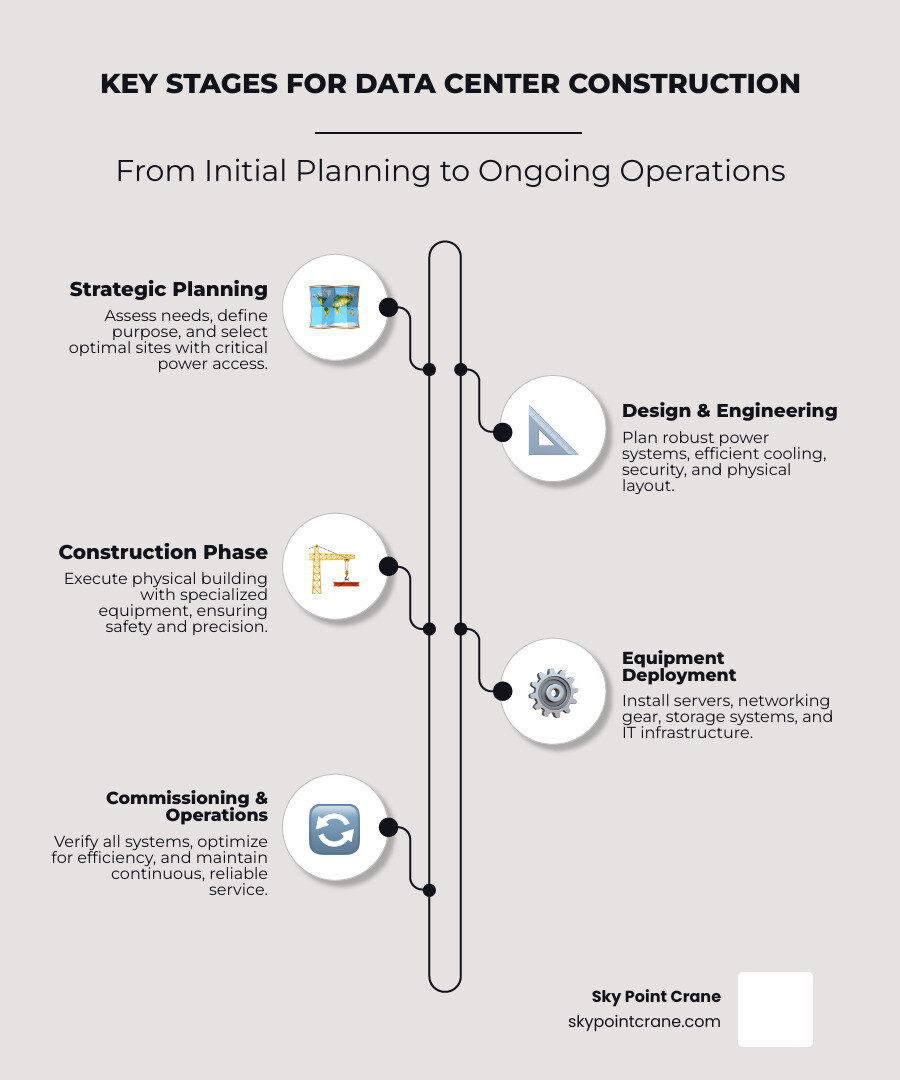 Comprehensive infographic showing the 6 key stages of data center construction from initial site assessment and planning through final commissioning and operations, including power requirements, cooling systems, and safety protocols at each phase - Building data centers infographic infographic-line-5-steps-neat_beige