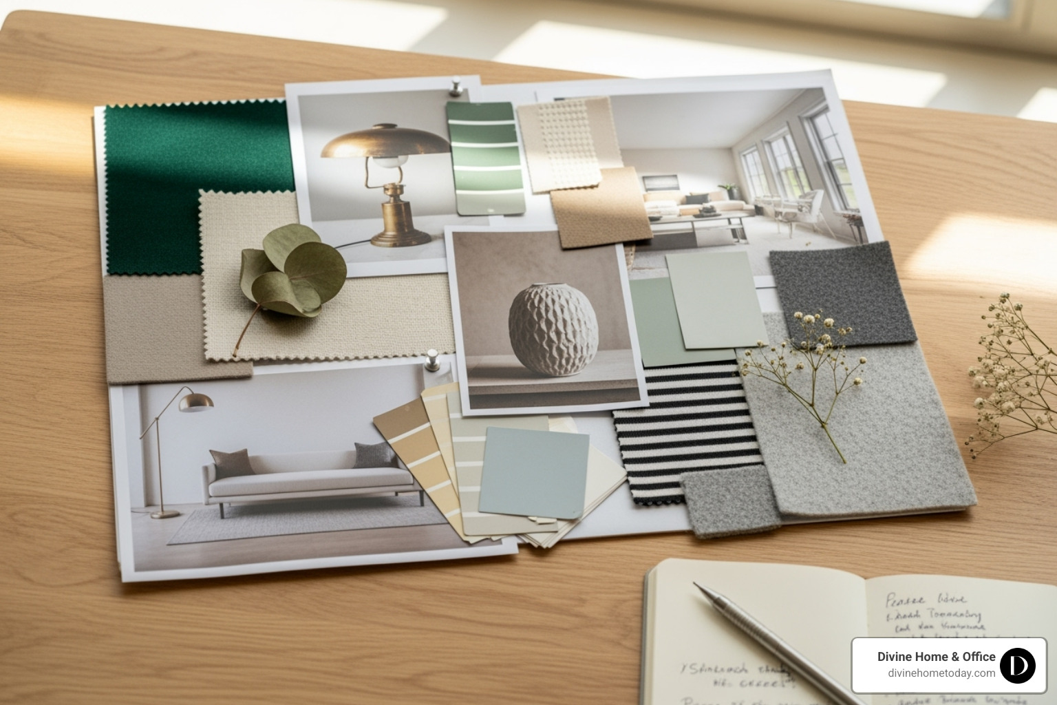Sample mood board with fabric swatches and paint chips - interior decorating consultation fees