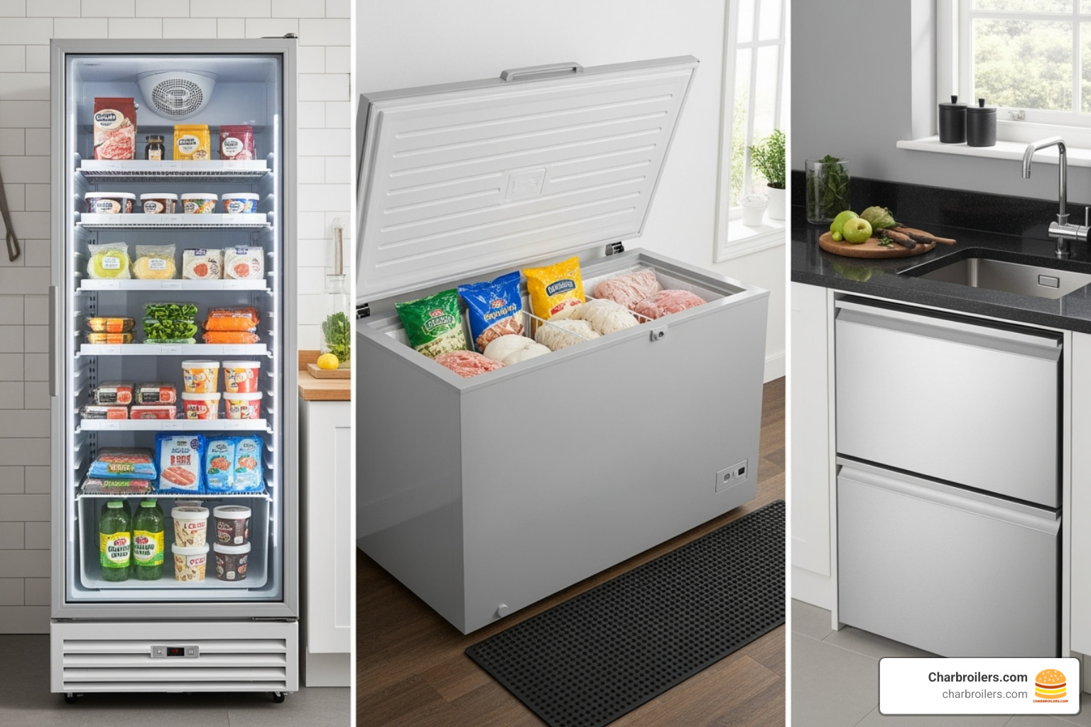 A collage image showing different types of commercial freezers: a large upright freezer, a wide chest freezer, and a compact undercounter freezer - used commercial deep freezer for sale A collage image showing different types of commercial freezers: a large upright freezer, a wide chest freezer, and a compact undercounter freezer - used commercial deep freezer for sale