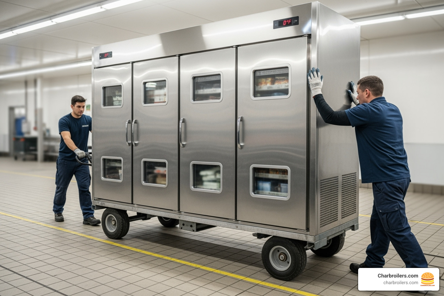 A large commercial freezer being carefully moved on a heavy-duty dolly by two people - used commercial deep freezer for sale A large commercial freezer being carefully moved on a heavy-duty dolly by two people - used commercial deep freezer for sale