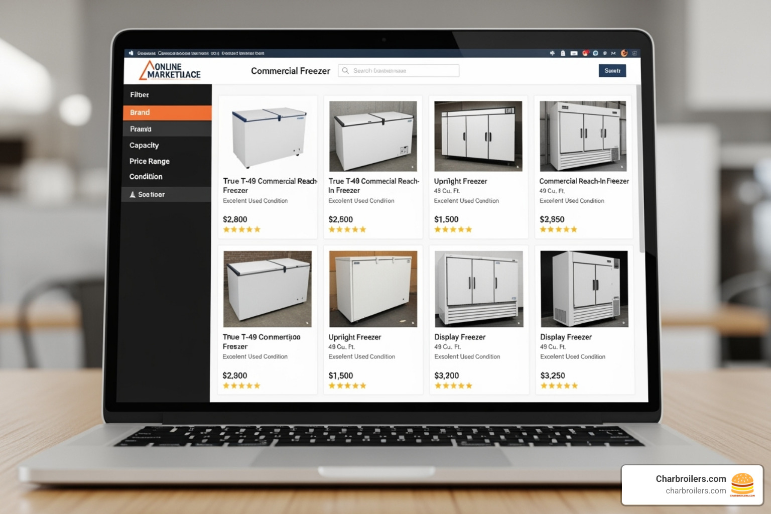 A laptop screen displaying multiple listings for used commercial freezers on an online marketplace - used commercial deep freezer for sale A laptop screen displaying multiple listings for used commercial freezers on an online marketplace - used commercial deep freezer for sale