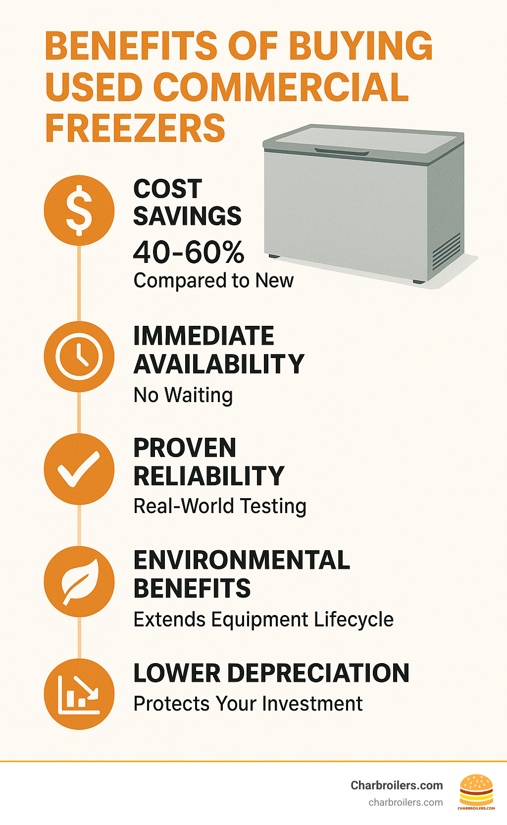 Infographic showing key benefits of buying used commercial freezers: 40-60% cost savings compared to new units, immediate availability with no waiting periods, proven reliability from real-world testing, environmental benefits through equipment lifecycle extension, and lower depreciation protecting your investment - used commercial deep freezer for sale infographic Infographic showing key benefits of buying used commercial freezers: 40-60% cost savings compared to new units, immediate availability with no waiting periods, proven reliability from real-world testing, environmental benefits through equipment lifecycle extension, and lower depreciation protecting your investment - used commercial deep freezer for sale infographic