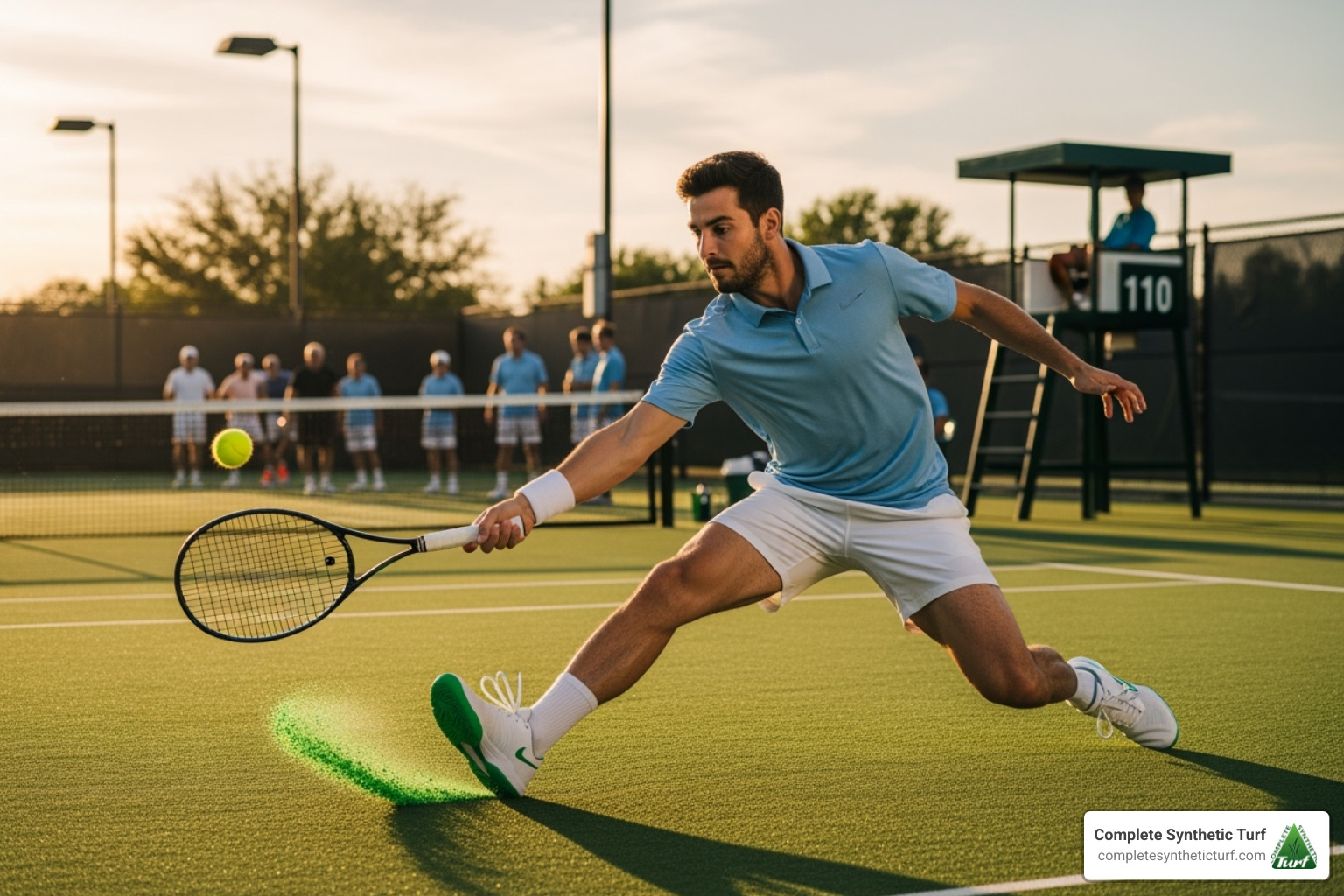 player sliding into a shot on an artificial grass court - artificial grass for tennis courts