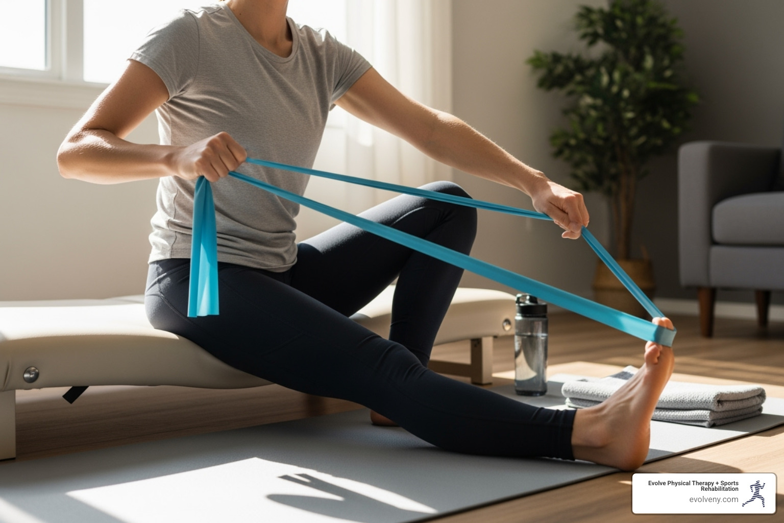 Person performing a gentle stretch with a resistance band - Physical therapy for arthritis