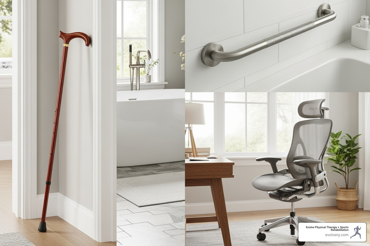 Assistive devices: a cane, grab bar, and ergonomic chair - Physical therapy for arthritis