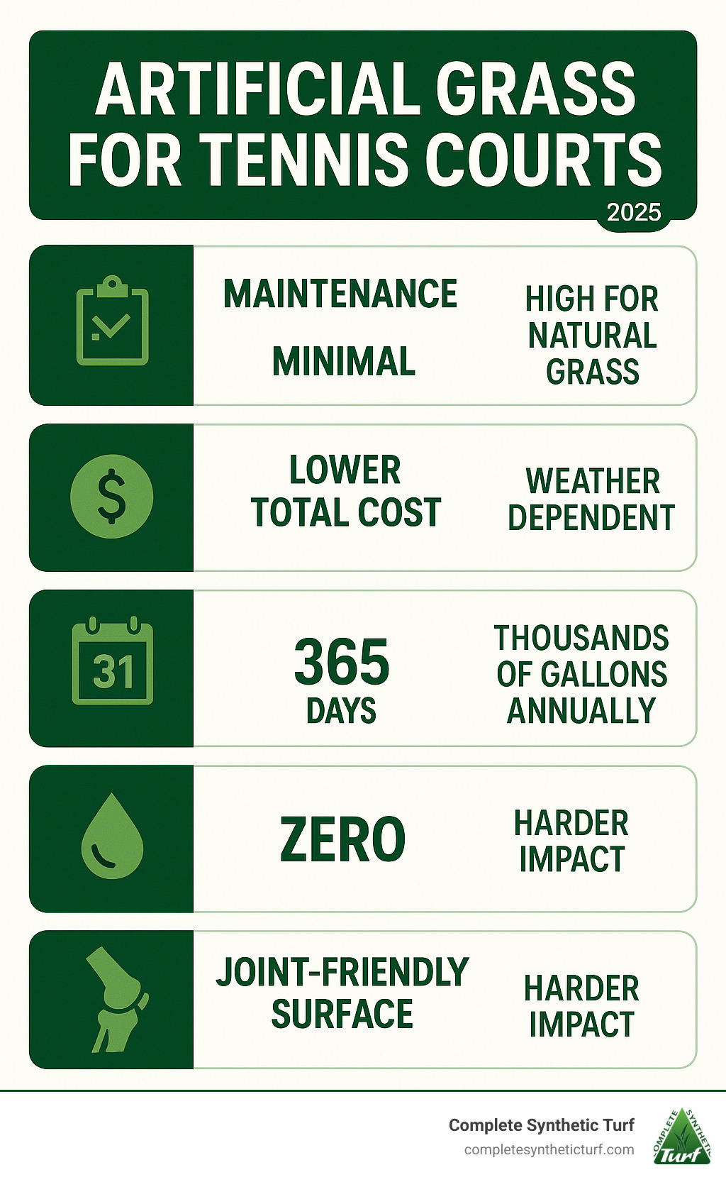 Comprehensive comparison infographic showing artificial grass tennis court benefits: maintenance requirements (minimal vs high for natural grass), cost over 20 years (lower total cost), playability (365 days vs weather dependent), water usage (zero vs thousands of gallons annually), and player safety features (joint-friendly surface vs harder impact) - artificial grass for tennis courts infographic 