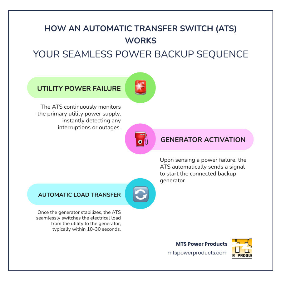 Infographic showing utility power line connecting to home, ATS device detecting power failure, automatically starting backup generator, and seamlessly transferring electrical load from failed utility to running generator with timing sequence - what is an automatic transfer switch infographic