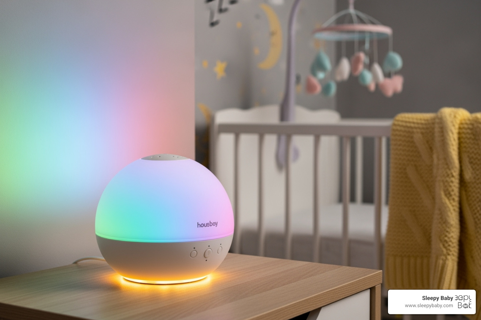 Housbay machine showing its nightlight colors - infant white noise machine