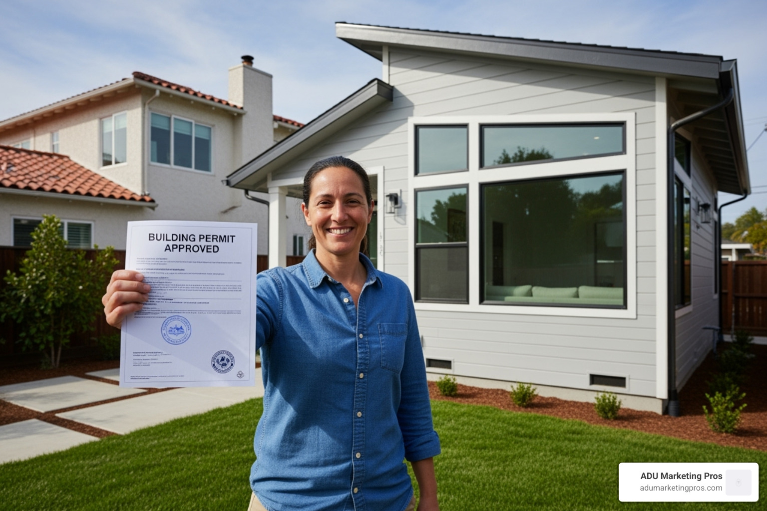 A smiling homeowner proudly holding an approved building permit in front of their newly constructed ADU, symbolizing successful project completion and compliance - ADU legal requirements