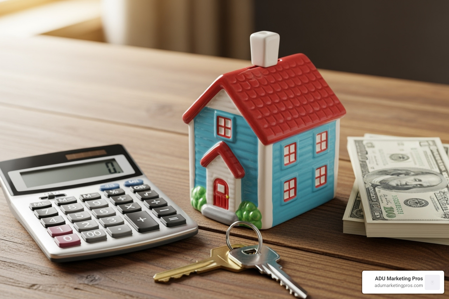 A charming piggy bank shaped like a miniature house sits prominently on a wooden desk, positioned next to a calculator, a stack of crisp dollar bills, and a set of house keys, symbolizing the financial planning and investment involved in building an ADU - ADU legal requirements