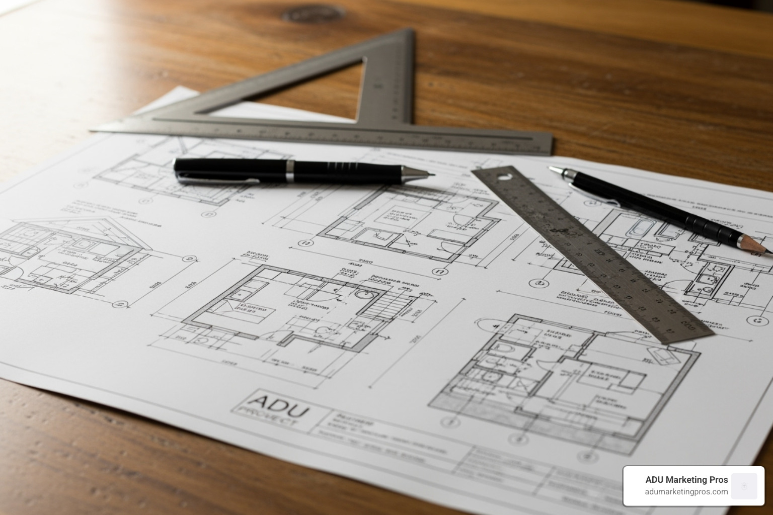 A detailed architectural blueprint for an ADU project laid out on a desk, with measuring tools and a pen, symbolizing the precision and planning required for ADU construction - ADU legal requirements