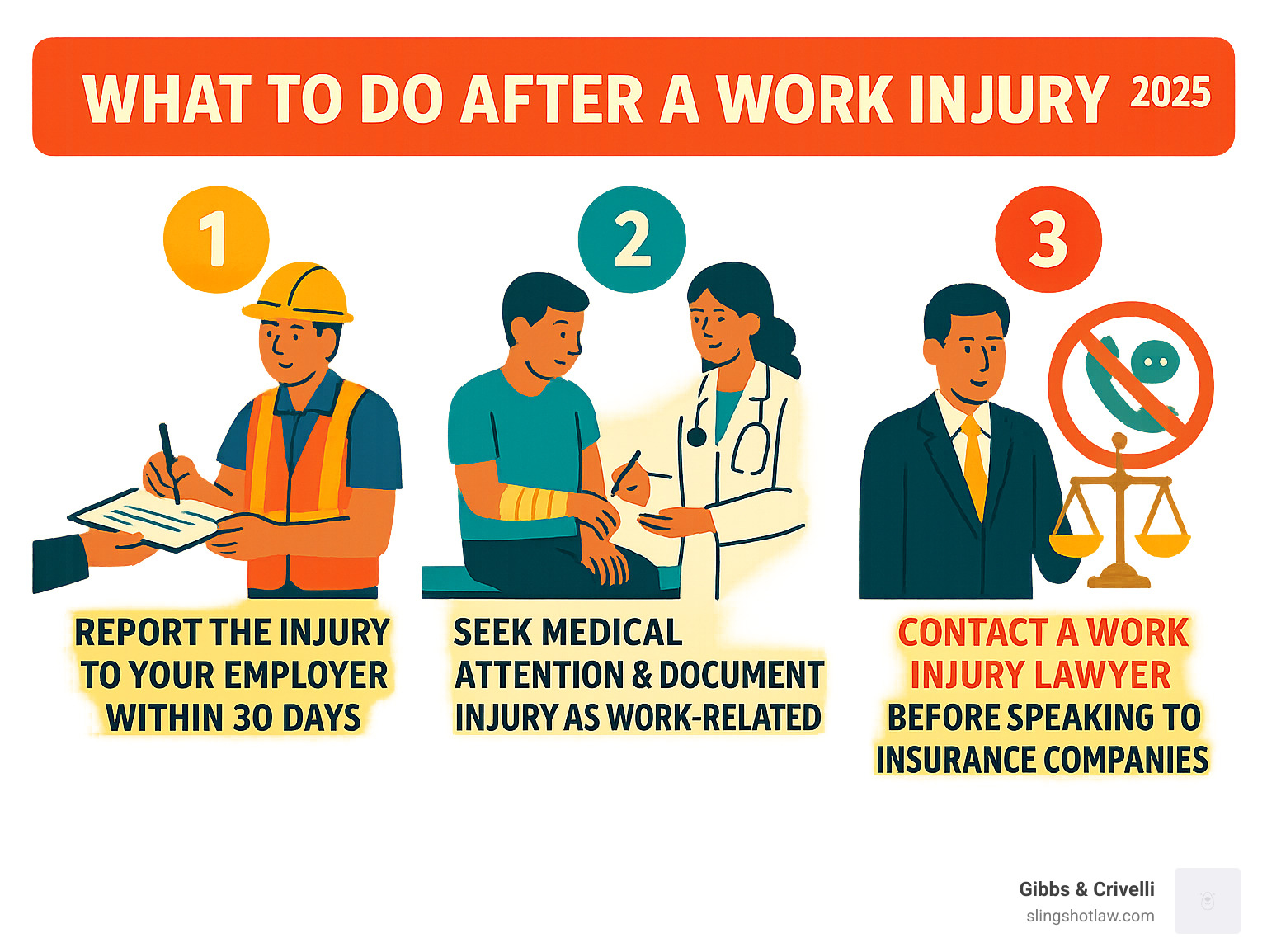 Infographic showing the first three critical steps after a work injury in Texas: 1) Report the injury to your employer immediately within 30 days, 2) Seek medical attention and ensure injury is documented as work-related, 3) Contact an experienced work injury lawyer before speaking to insurance companies - work injury lawyer austin infographic 