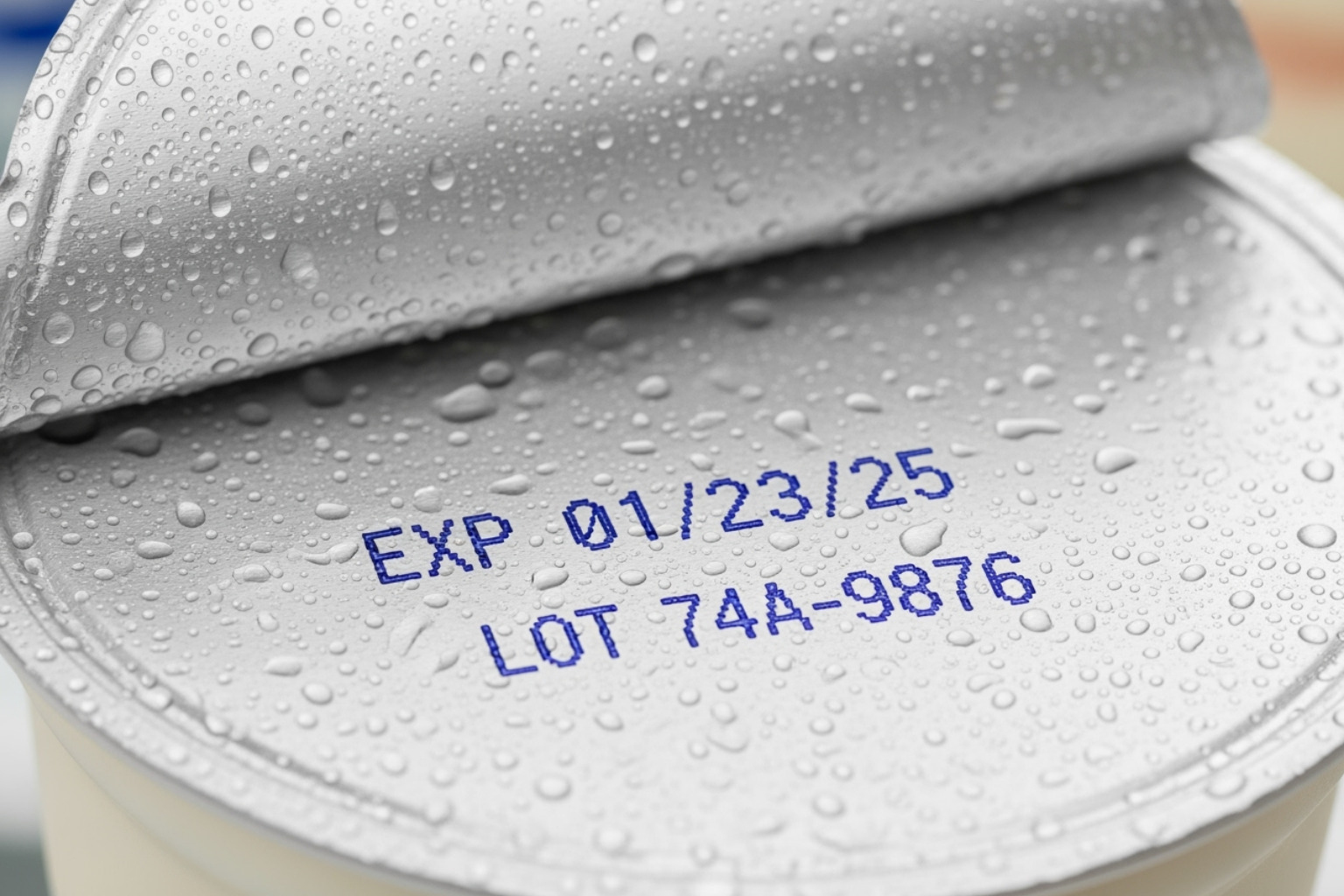 Close-up image showing where to find the expiration date and lot code on the lid of a yogurt cup -  target yoghurt recall